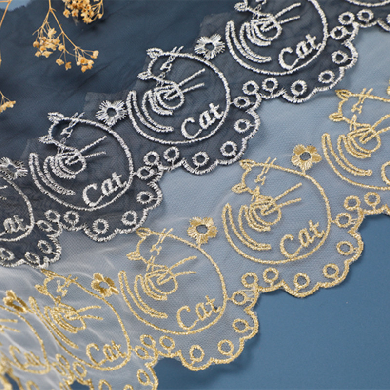 5Yards  zsbszc new cute cat gold silver mesh lace trim net cute Embroidery lace ribbon for Sewing cloth lolita skirt Decoration WS02