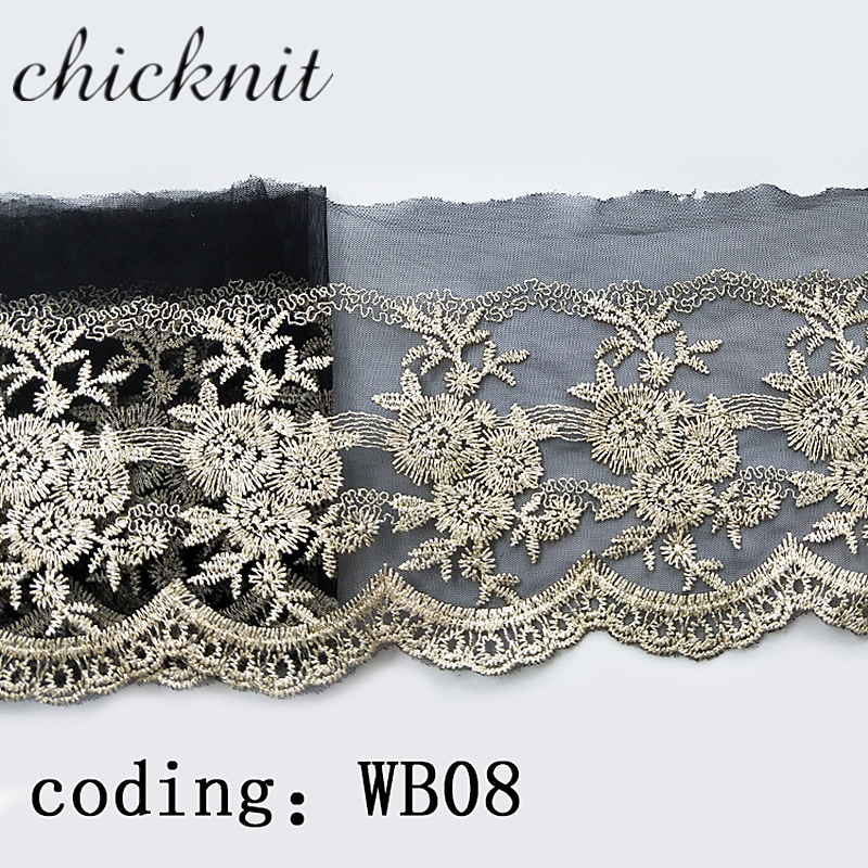 CHICKNIT width100mm Fashion Bohemia style black mesh golden Embroidery lace flower trim for Tuxedo Dress Accessorie WB08