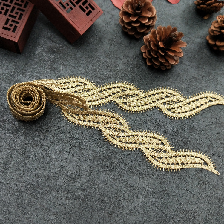 (2 Yards)  CHICKNIT wide 3.5cm Golden Hemp flowers Embroidery Curvilinear Lace trim for dress accessories JB50