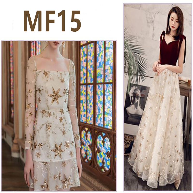 (5 Yards)  Exquisite beaded piece star sequins gold thread embroidery mesh evening dress fabric sequin long dress MF15