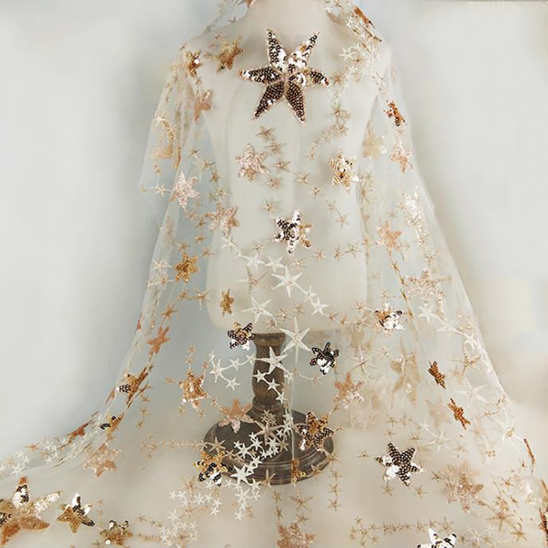 (5 Yards)  Exquisite beaded piece star sequins gold thread embroidery mesh evening dress fabric sequin long dress MF15
