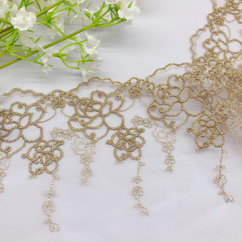 (20 Yards)  Gold thread mesh lace embroidery clothing accessories 15.9CM width exquisite large flower skirt hat ornaments WB32