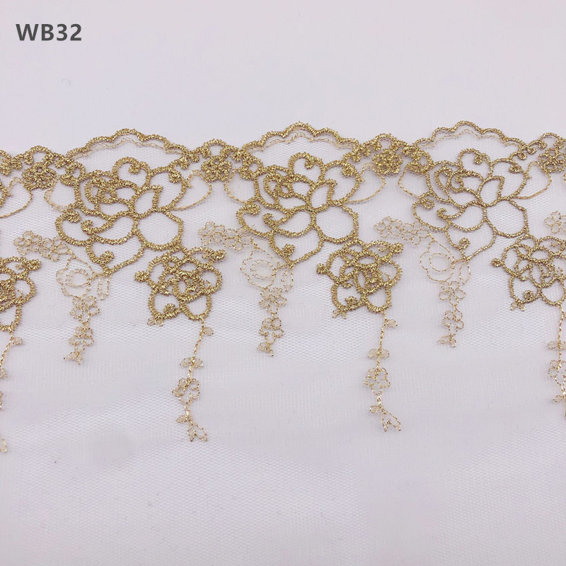 (20 Yards)  Gold thread mesh lace embroidery clothing accessories 15.9CM width exquisite large flower skirt hat ornaments WB32