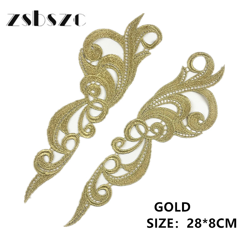 zsbszc 28X8CM 5 pairs GOLD white black Fashion Lace Appliques Embroidery Patches sew on Apparel Trims Diy Cosplay customize DA028