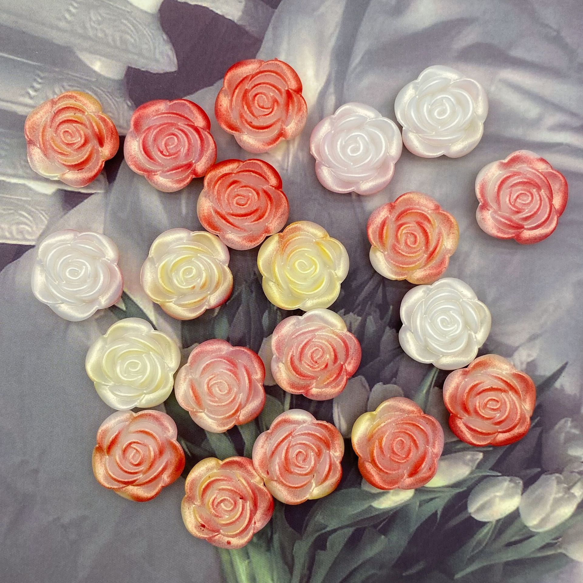 200g  ABS pearlescent gradient golden rose camellia 20mm straight hole simulation hand-held bouquet DIY accessories material HW36