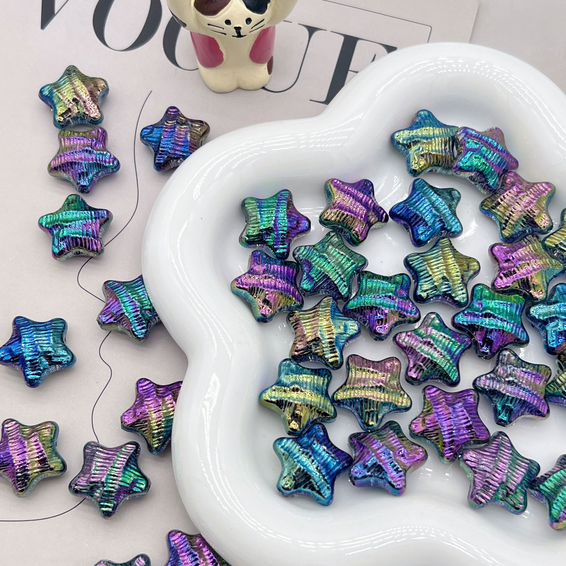 200g Acrylic UV plated fantasy color three-dimensional straight hole water ripples five-pointed star handmade DIY pendant necklace beaded material   HW11