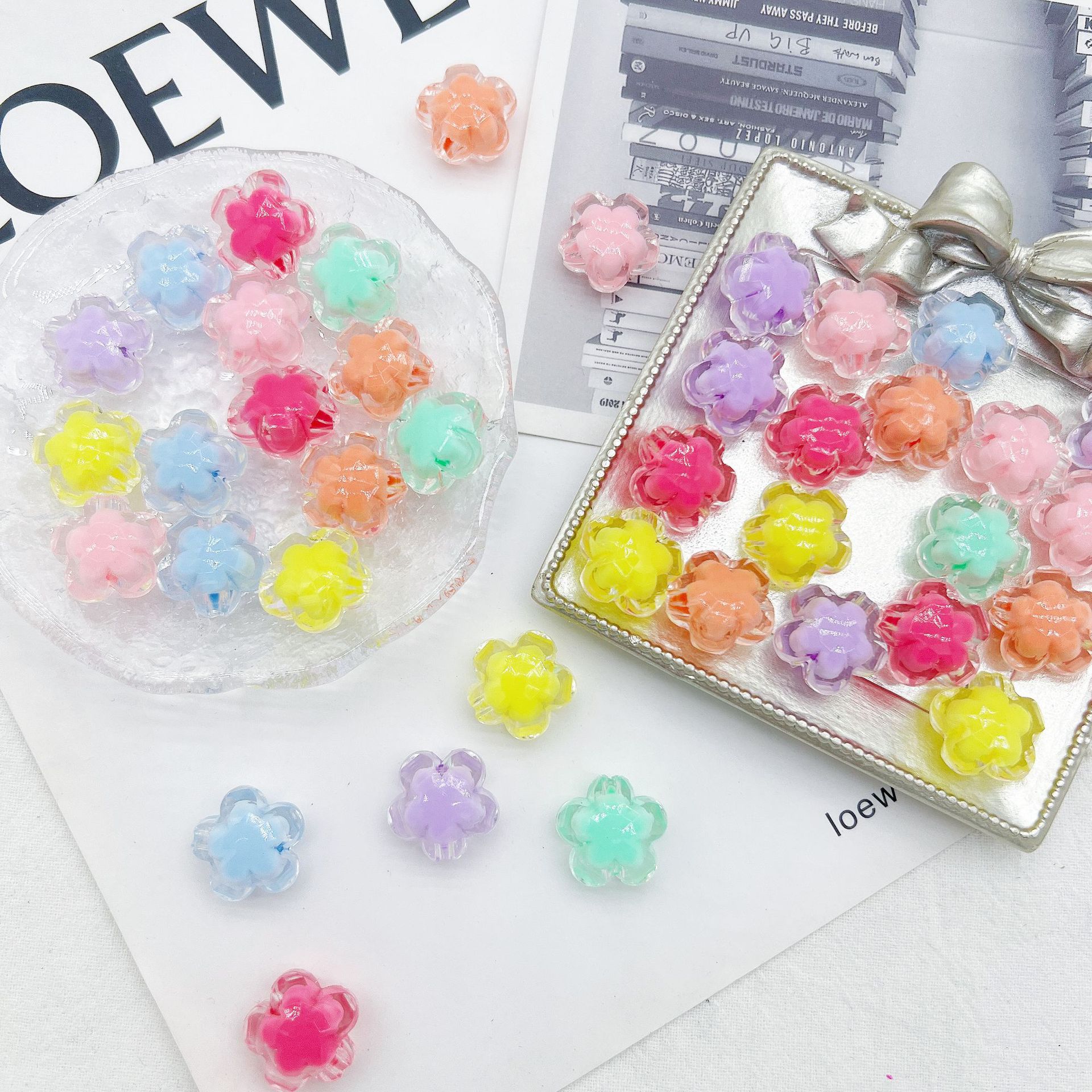 200g  Acrylic multi-mixed transparent matte five-petal flower beads medium beads loose beads beads DIY bracelet match decoration accessories HW39