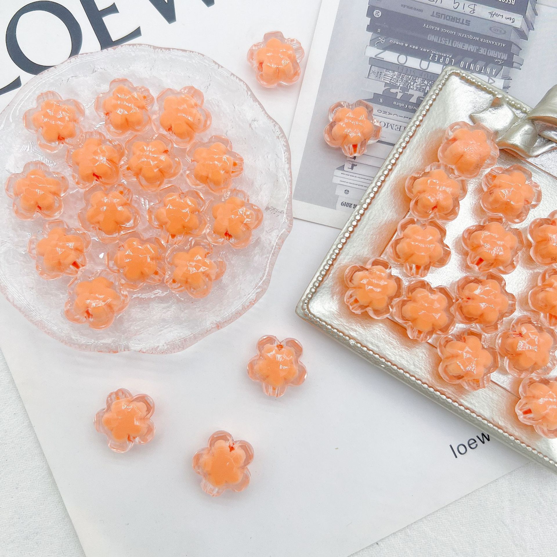 200g  Acrylic multi-mixed transparent matte five-petal flower beads medium beads loose beads beads DIY bracelet match decoration accessories HW39