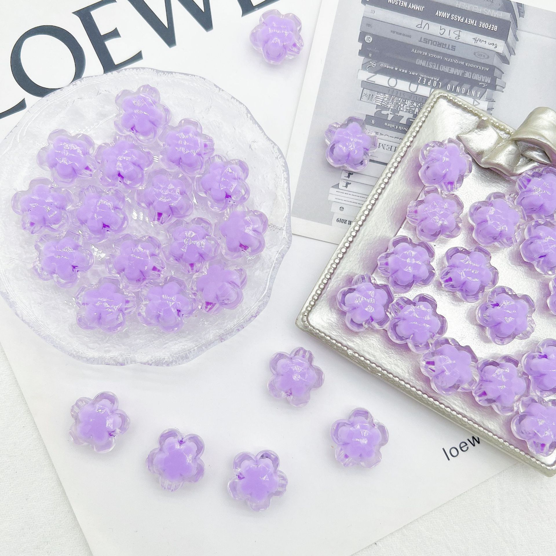 200g  Acrylic multi-mixed transparent matte five-petal flower beads medium beads loose beads beads DIY bracelet match decoration accessories HW39