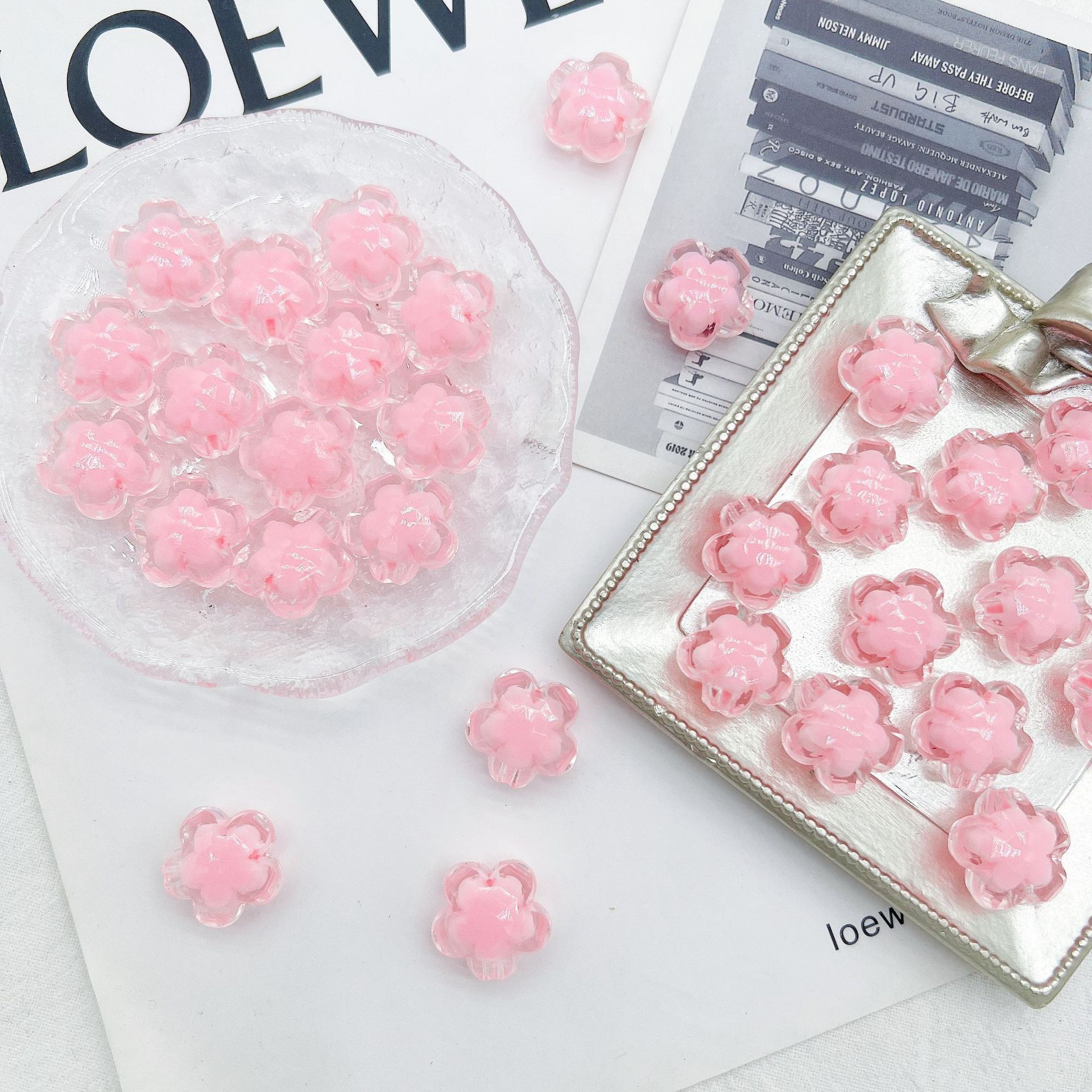 200g  Acrylic multi-mixed transparent matte five-petal flower beads medium beads loose beads beads DIY bracelet match decoration accessories HW39