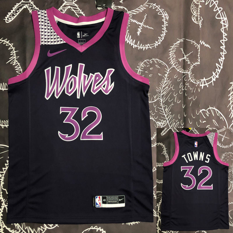 Timberwolves TOWNS #32 Purple Black Top Quality...