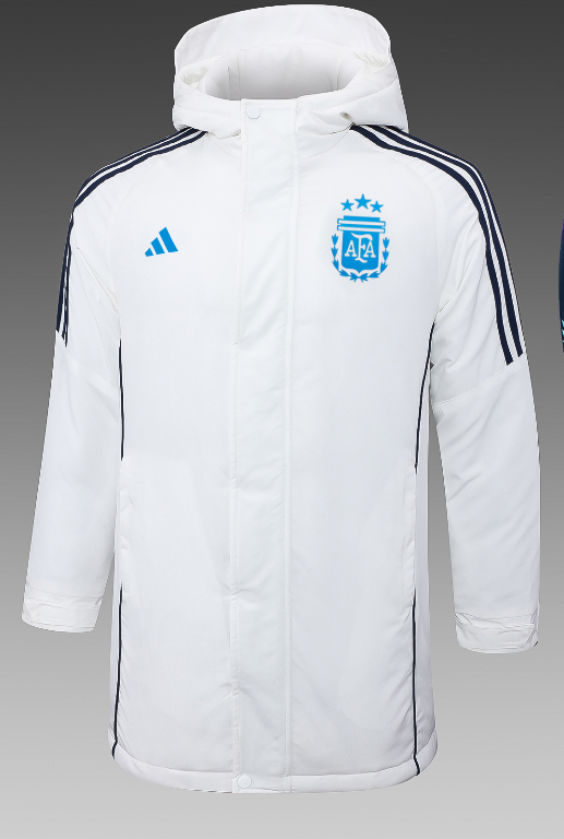 24-25 Argentina White Hooded Windbreaker Fabric Cotton Coat #G182(蓝标)