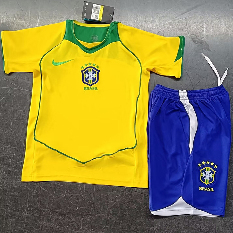 2004 Brazil Home Kids Retro Soccer Jersey