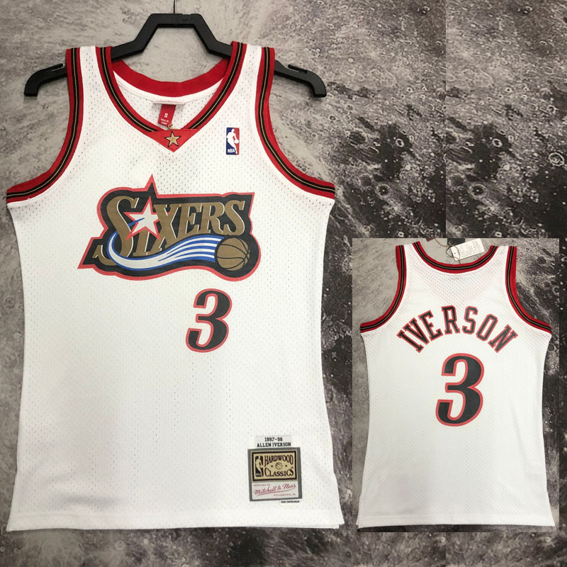 1998 76ERS IVERSON #3 White Retro Top Quality H...
