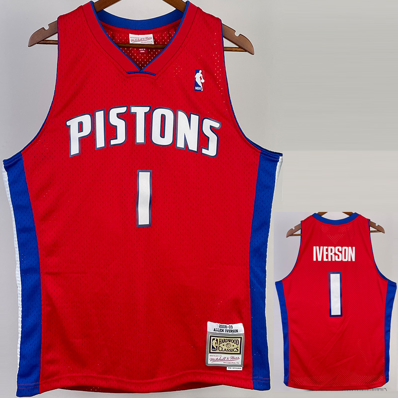 2008-09 Pistons IVERSON #1 Red Retro Top Qualit...