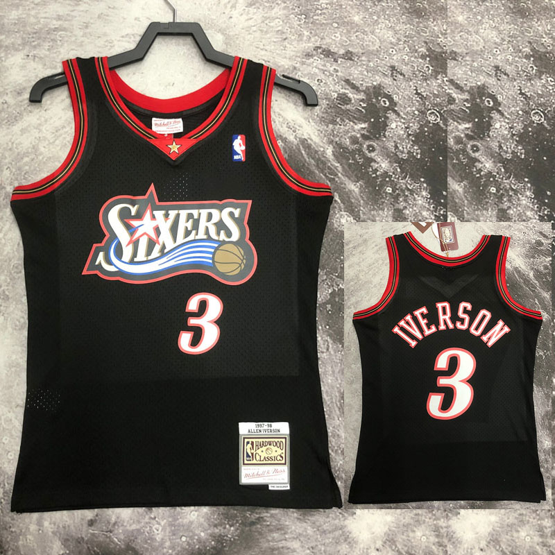 1998 76ERS IVERSON #3 Black Retro Top Quality H...