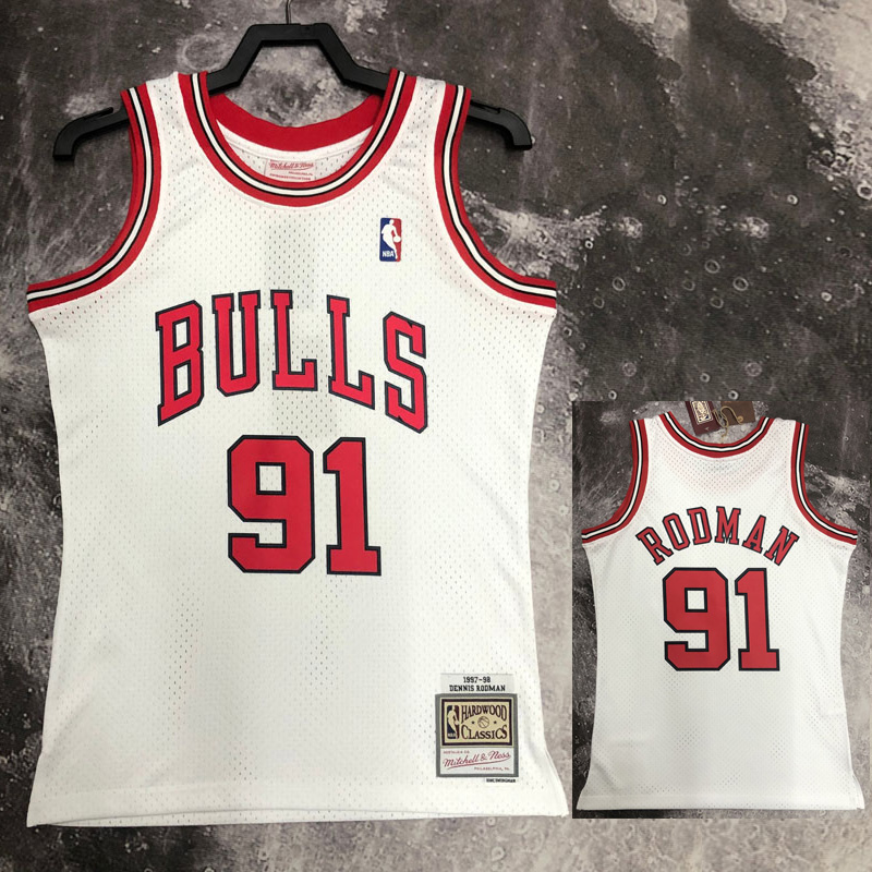 1998 BULLS RODMAN #91 White Retro Top Quality H...