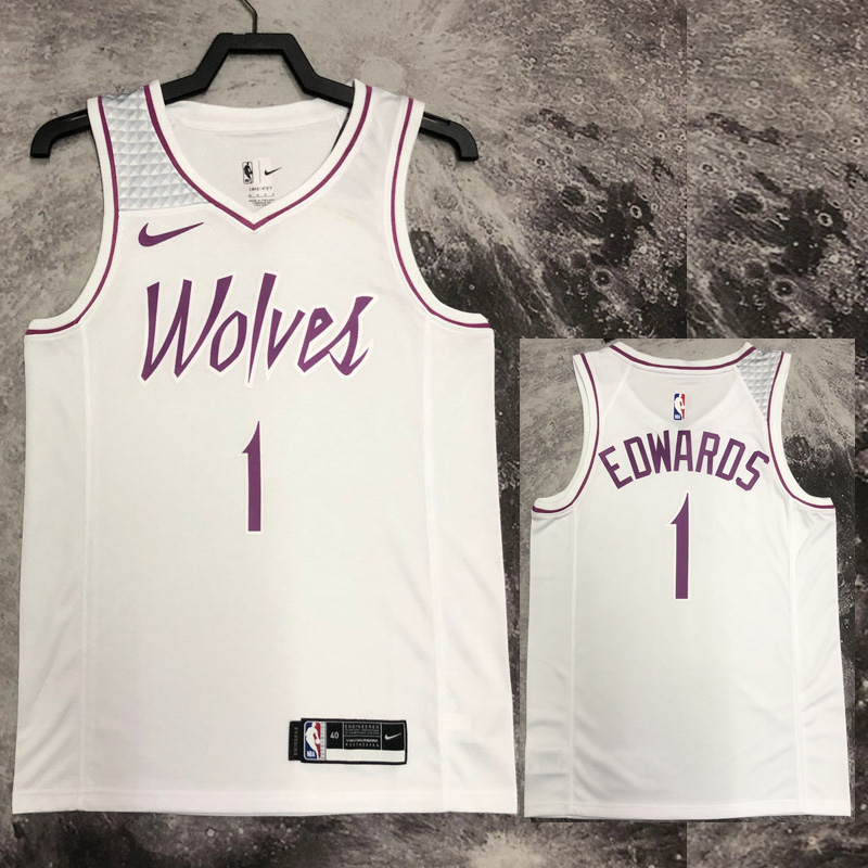 2018-19 Timberwolves EDWARDS #1 White Retro Top...