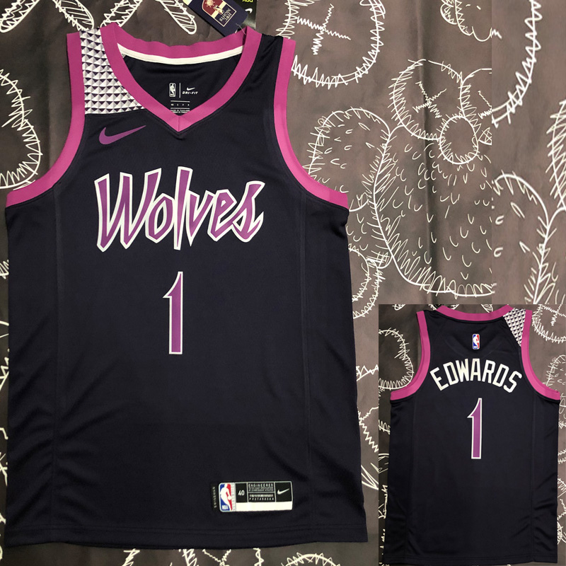 Timberwolves EDWARDS #1 Purple Black Top Qualit...