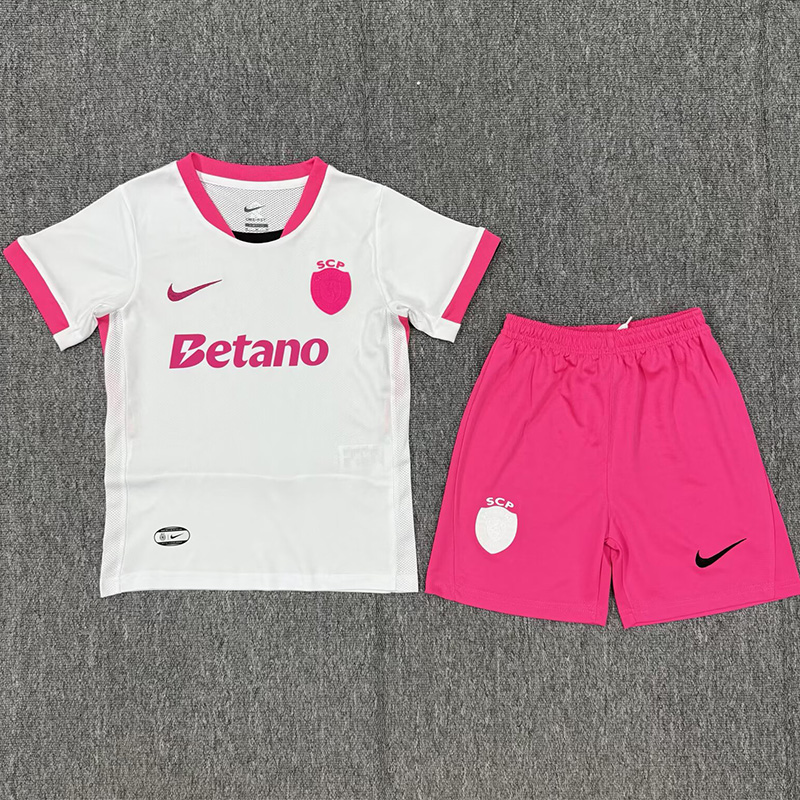 25-26 Sporting Lisbon White Pink Kids Soccer Jersey