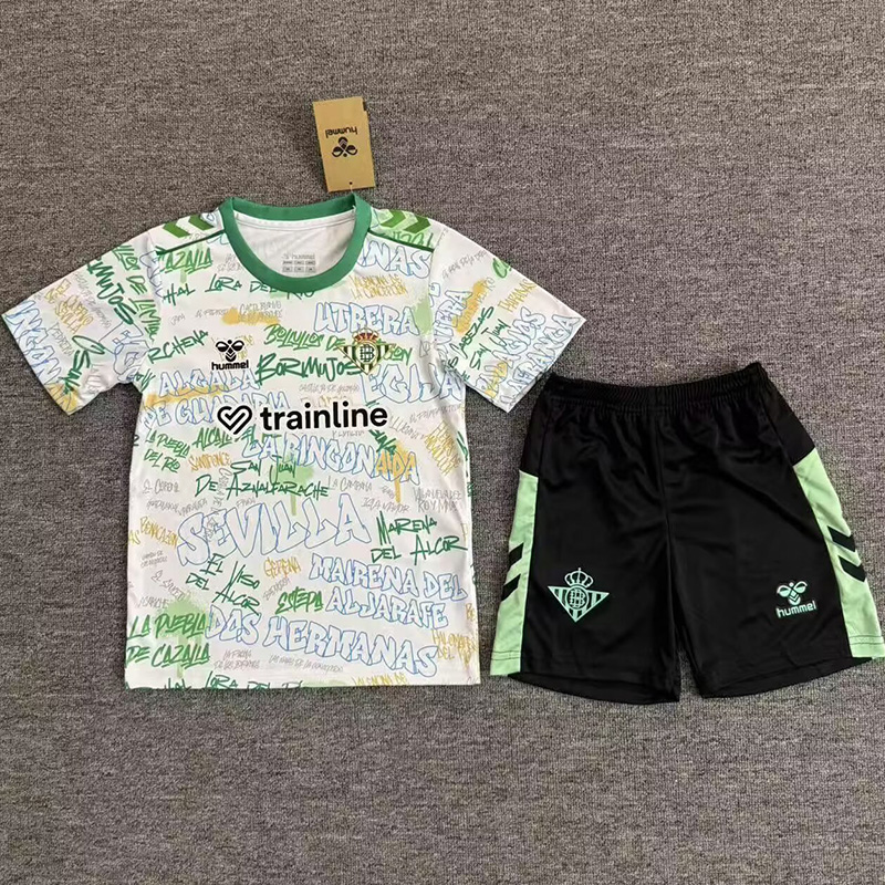 25-26 Real Betis White Graffiti Kids Soccer Jersey