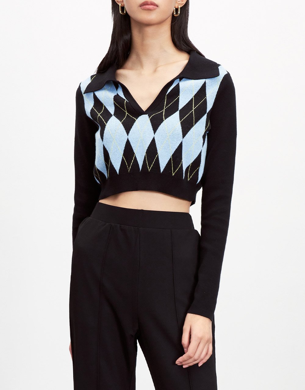 Argyle Pattern V Neck Cropped Knitted Top