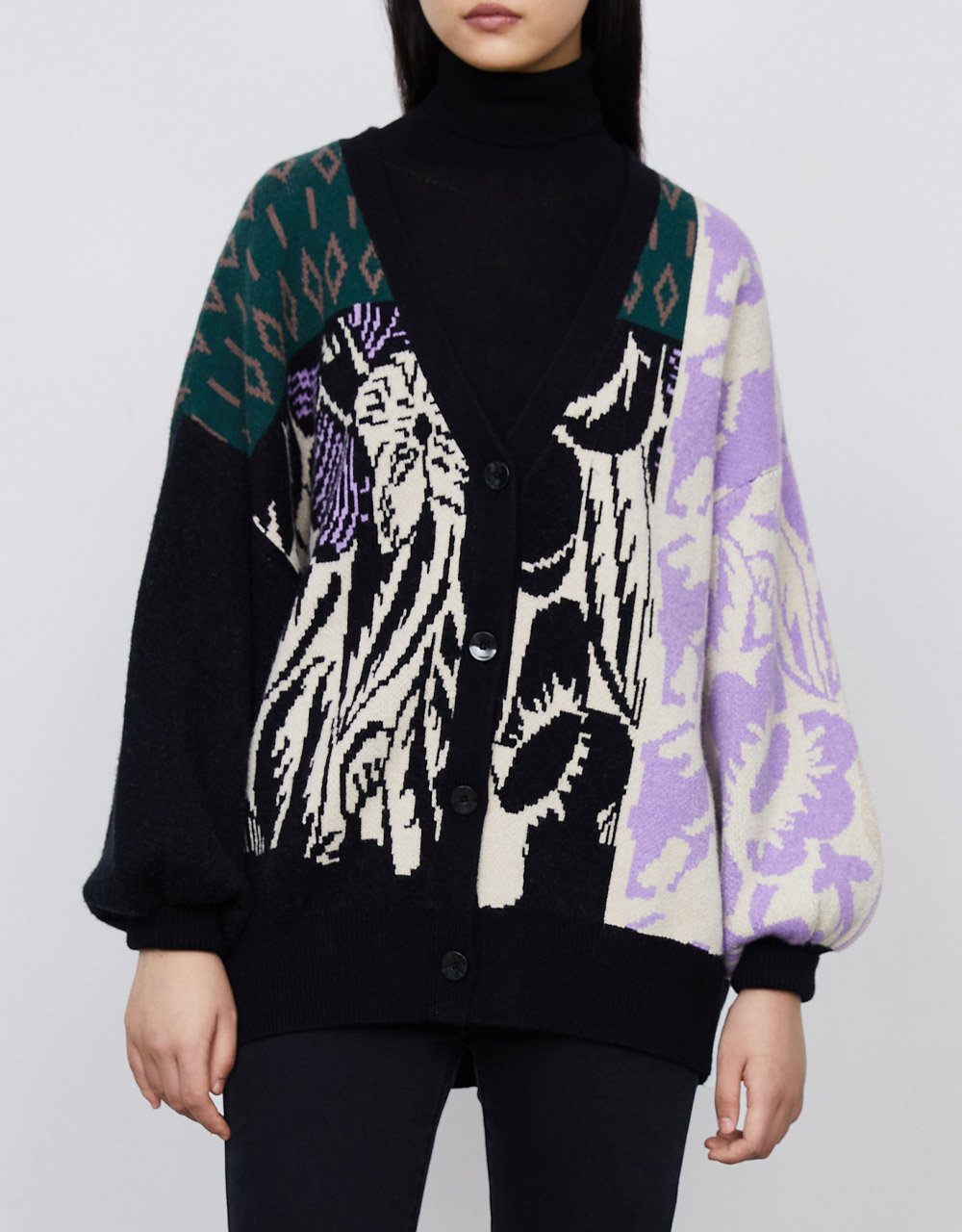 Puff Sleeve Ribbed Crew Neck Collar Knitted Cardigan