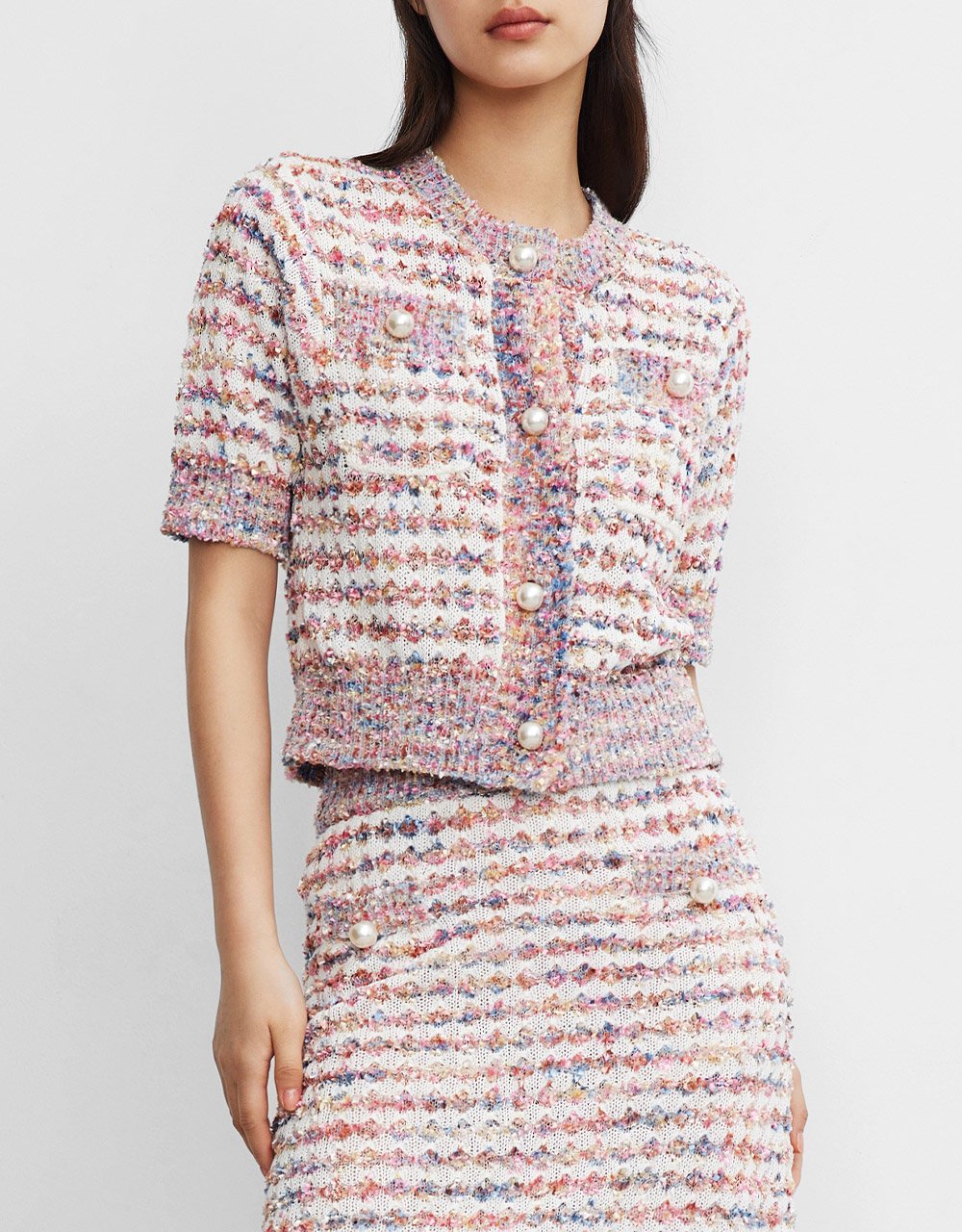 Contrast Trim Faux Pearl Button Cardigan