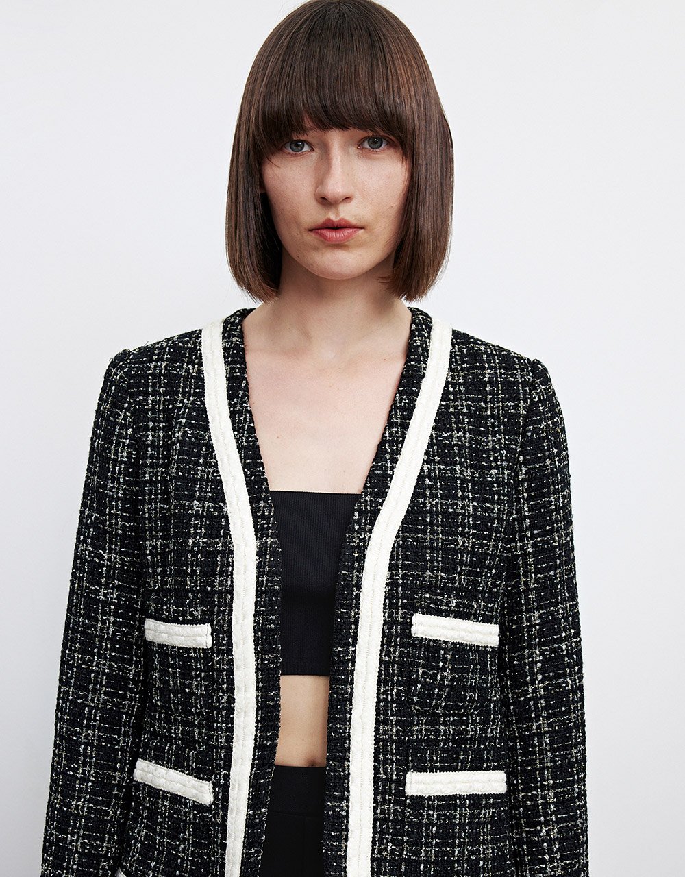 Contrast Trim Tweed Plaid Jacket