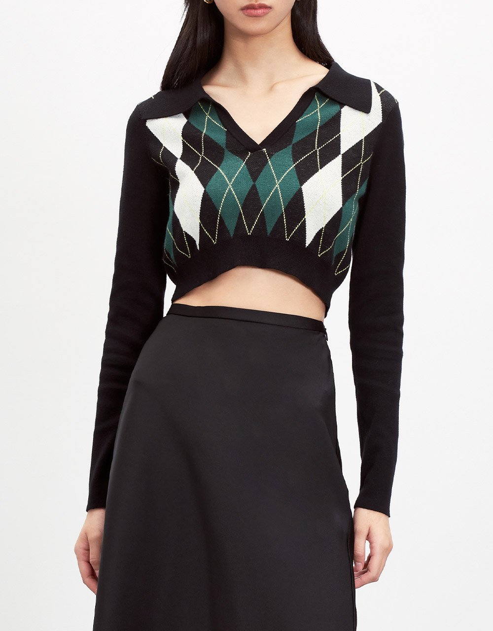 Argyle Pattern V Neck Cropped Knitted Top