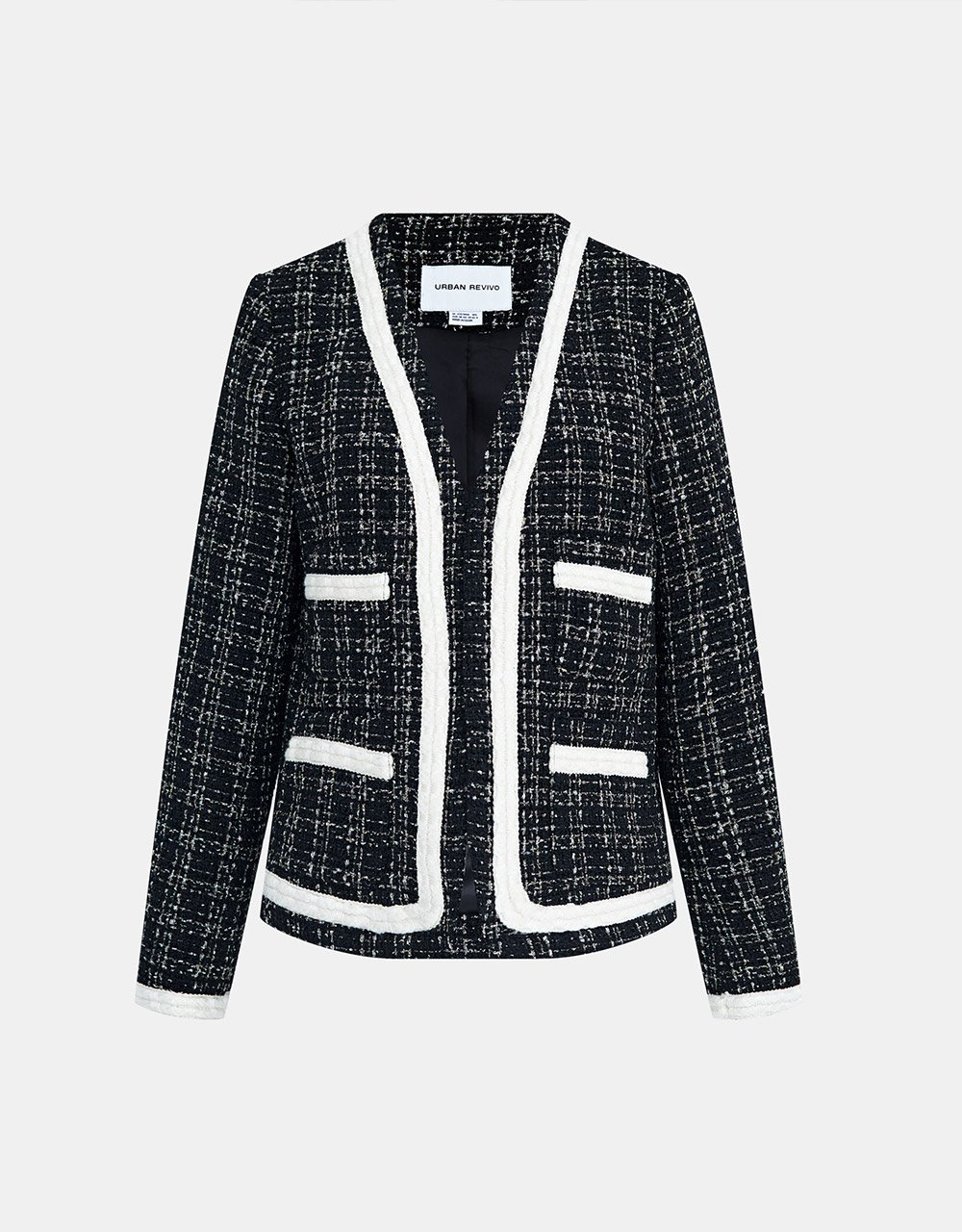 Contrast Trim Tweed Plaid Jacket