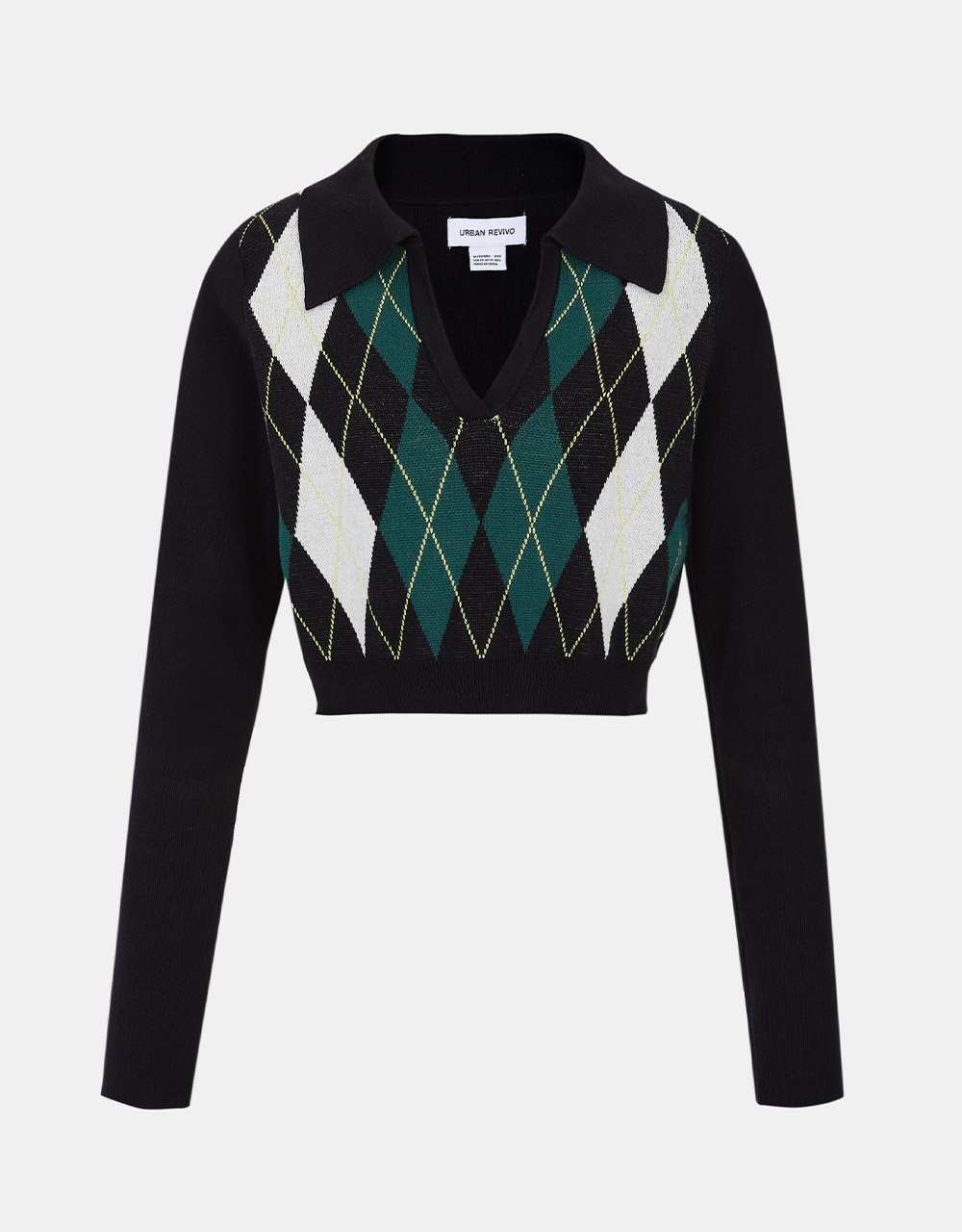 Argyle Pattern V Neck Cropped Knitted Top