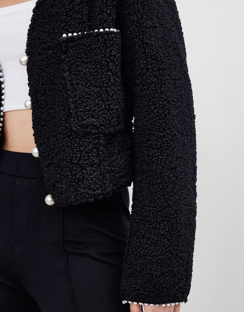 Faux Pearl Button Dual Pocket Jacket