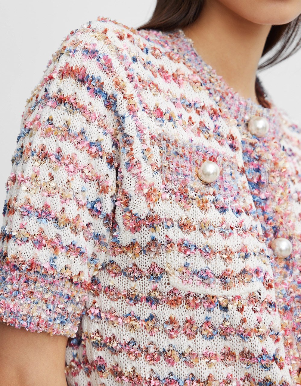 Contrast Trim Faux Pearl Button Cardigan