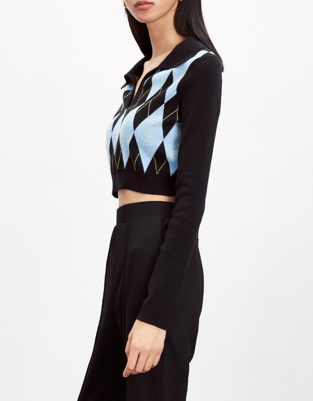 Argyle Pattern V Neck Cropped Knitted Top