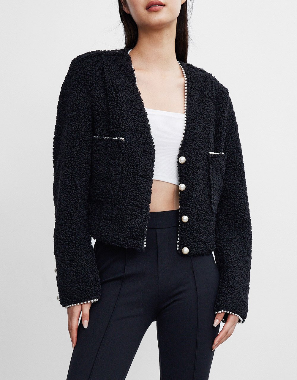 Faux Pearl Button Dual Pocket Jacket