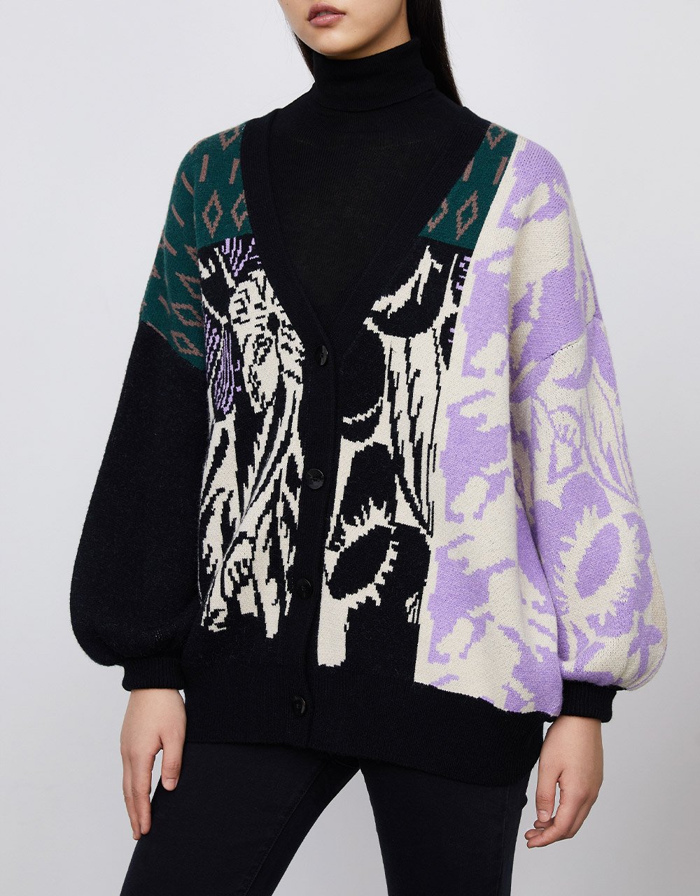 Puff Sleeve Ribbed Crew Neck Collar Knitted Cardigan