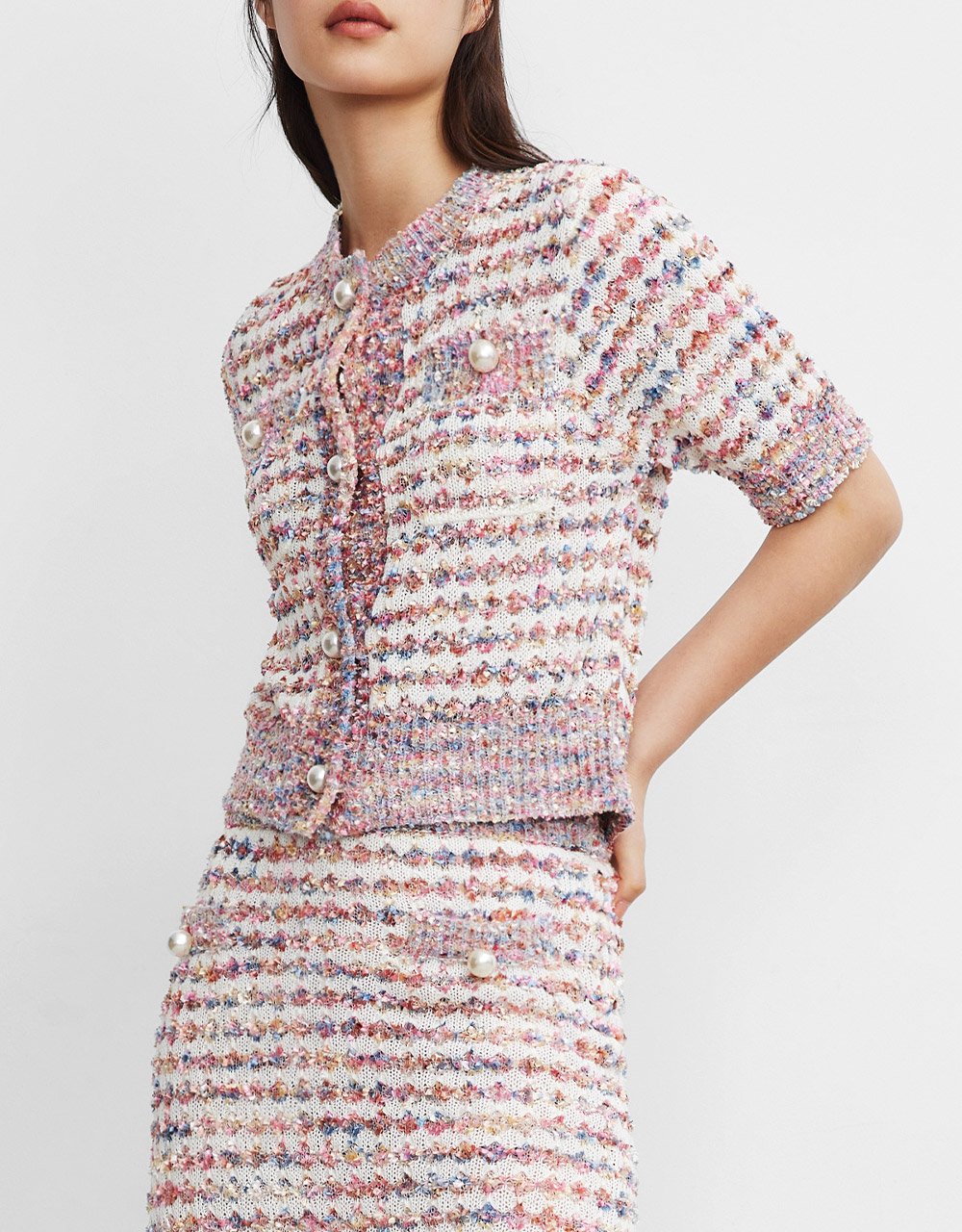 Contrast Trim Faux Pearl Button Cardigan