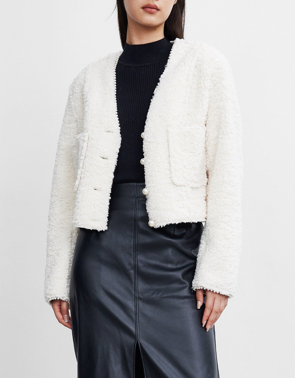 Faux Pearl Button Dual Pocket Jacket