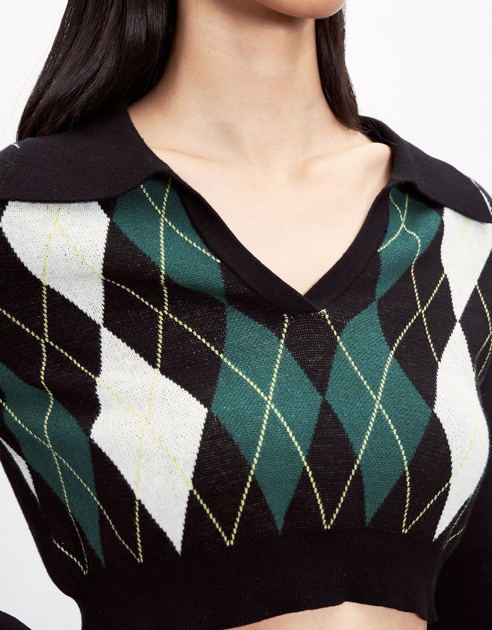 Argyle Pattern V Neck Cropped Knitted Top