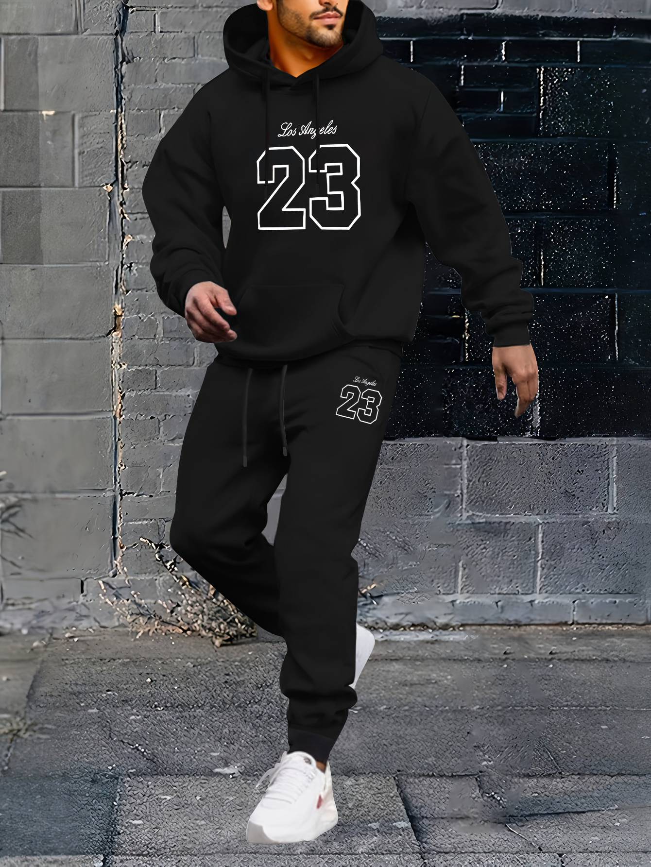 Spring and Autumn Men's Solid Color Printed Hooded Sweatshirt and Sweatpants Set 2 Pieces Men's Sets