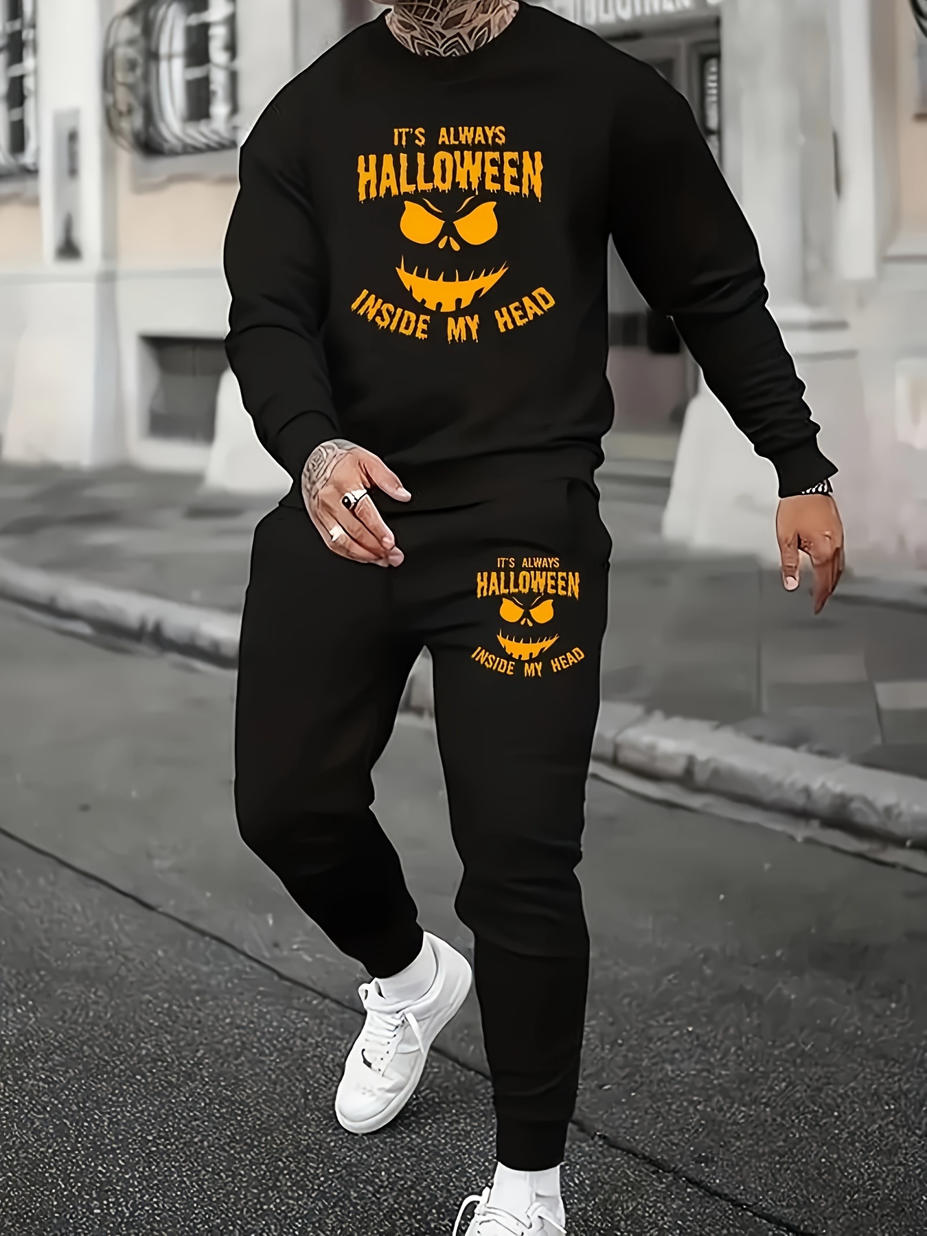 Men's 2-pack: comfy long-sleeved crew neck top and drawstring jogging pants - perfect for running and casual wear in the fall Men's Sets