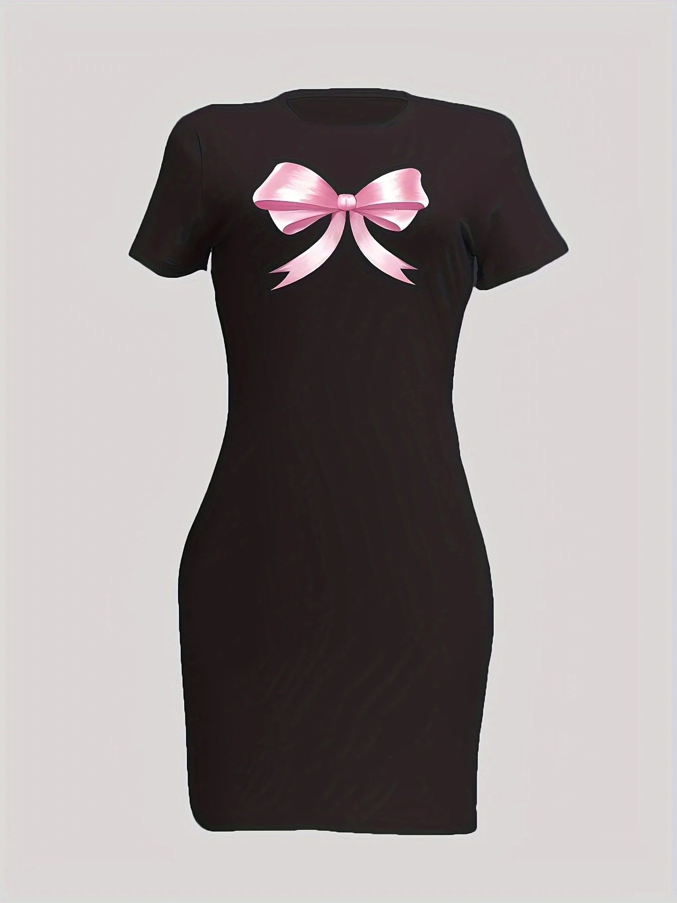 Bow Print Crew Neck Dress, Y2K Bodycon Mini Short Sleeve Dress For Spring & Summer, Women's Clothing