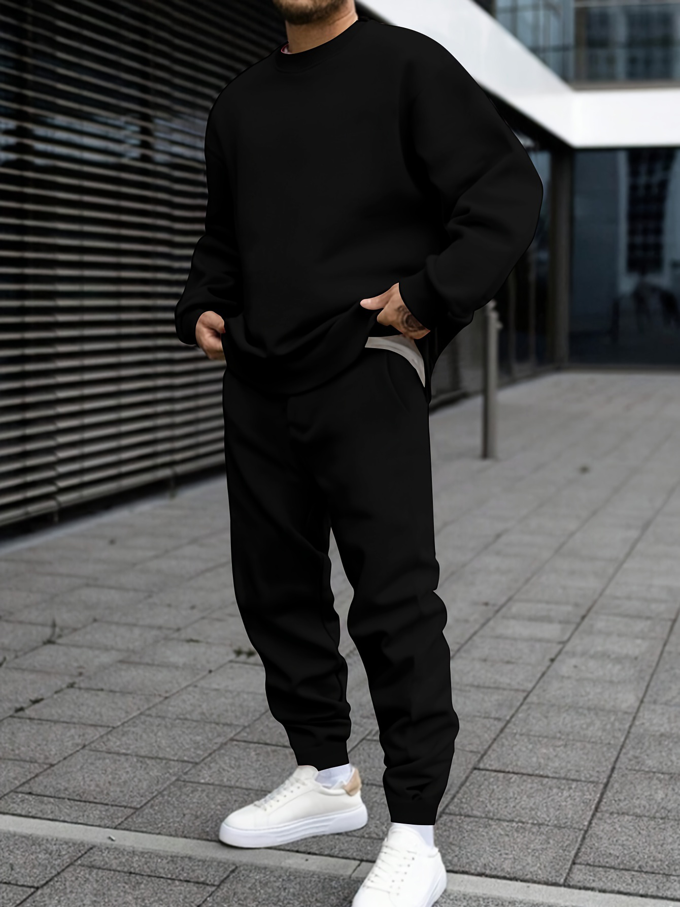Men's solid color simple versatile fashion round neck sweatshirt + trousers two-piece set spring and autumn outfit Men's Sets