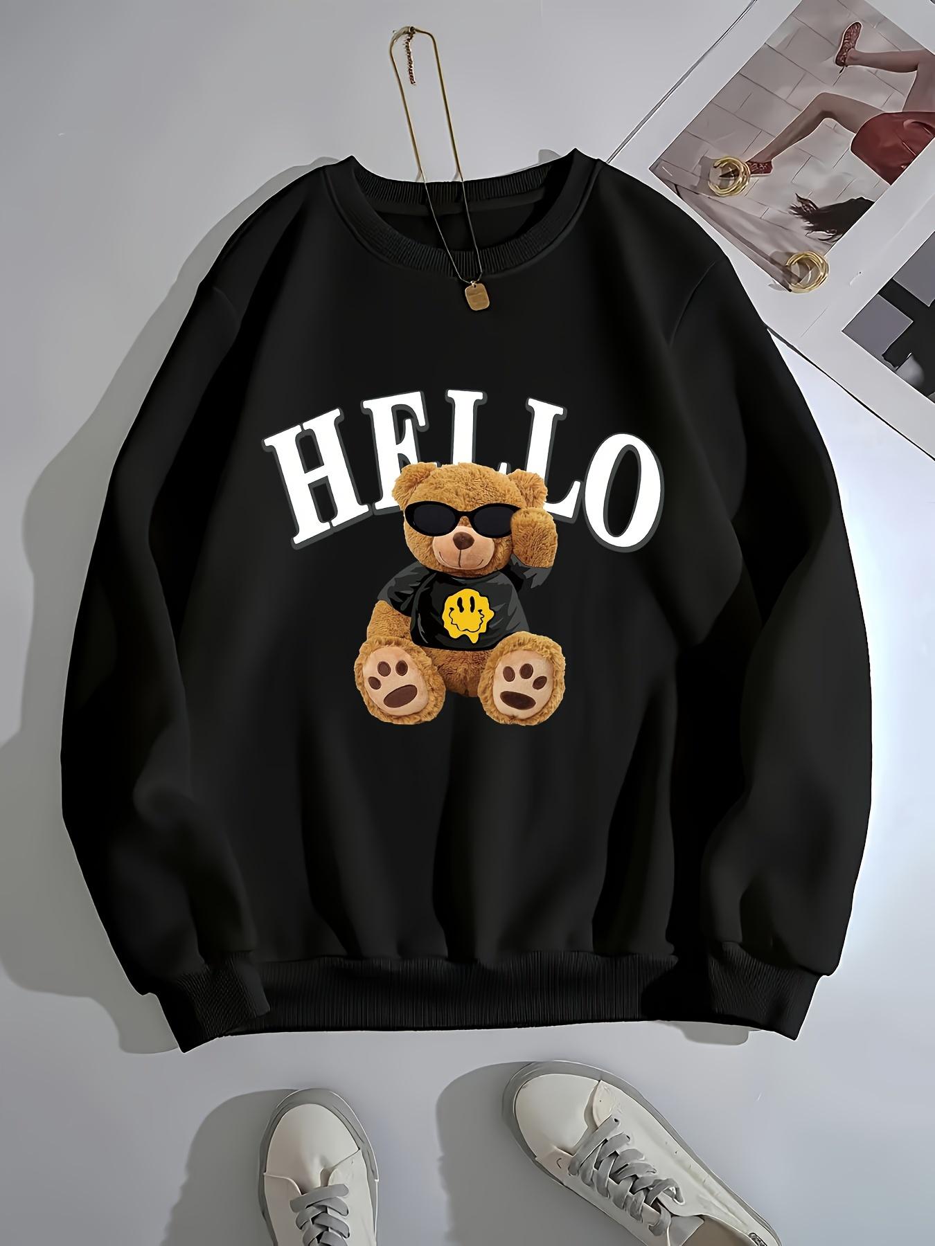 1 bear print sweatshirt, round neck long sleeve pullover, suitable for autumn and winter, machine washable