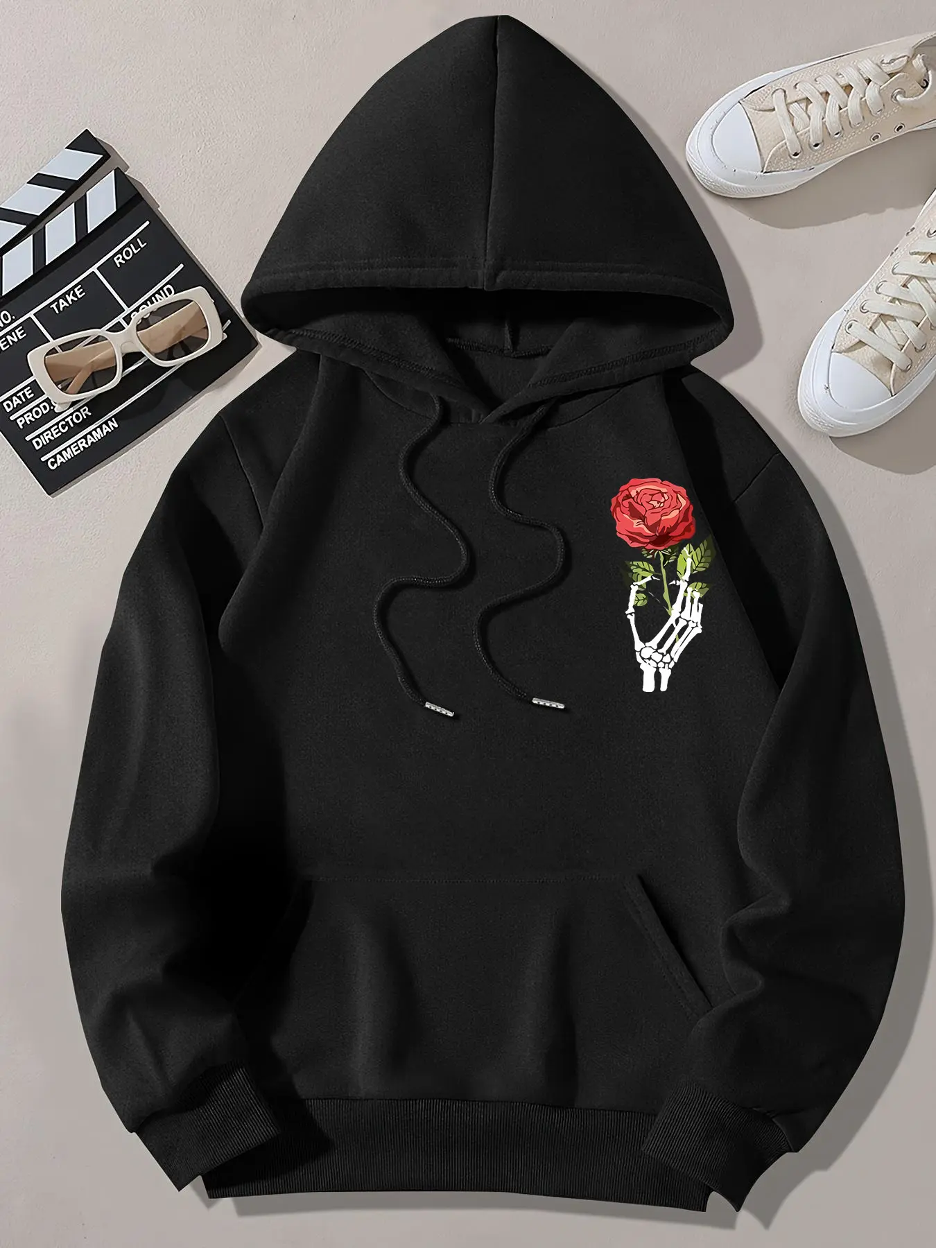 Women's Rose & Skeleton Hand Print Pocket Hoodie, Fashion Casual Hooded Sweatshirt for Daily Holiday Outdoor Wear, Women Clothing for Fall & Winter