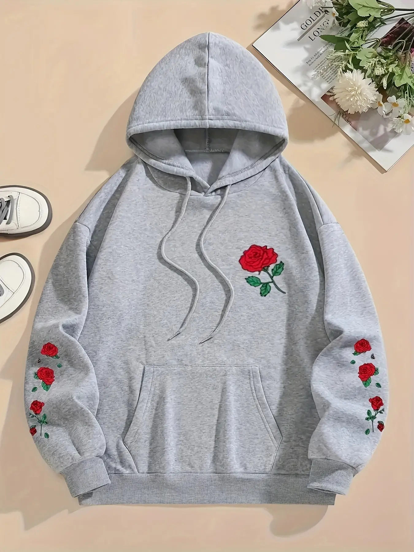 Women's Rose Pattern Drop Shoulder Hoodie, Fashion Casual Drawstring Pocket Hooded Sweatshirt for Daily Holiday Outdoor Wear, Women Clothing for Fall & Winter
