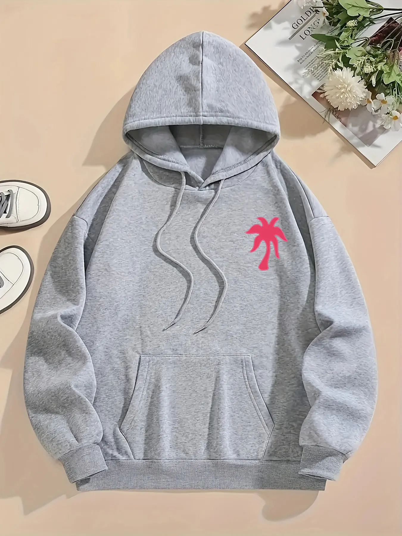 Women's Letter & Palm Tree Print Drawstring Pocket Hoodie, Casual Long Sleeve Hooded Sweatshirt for Fall & Winter, Fashion Ladies' Clothes for Daily Wear