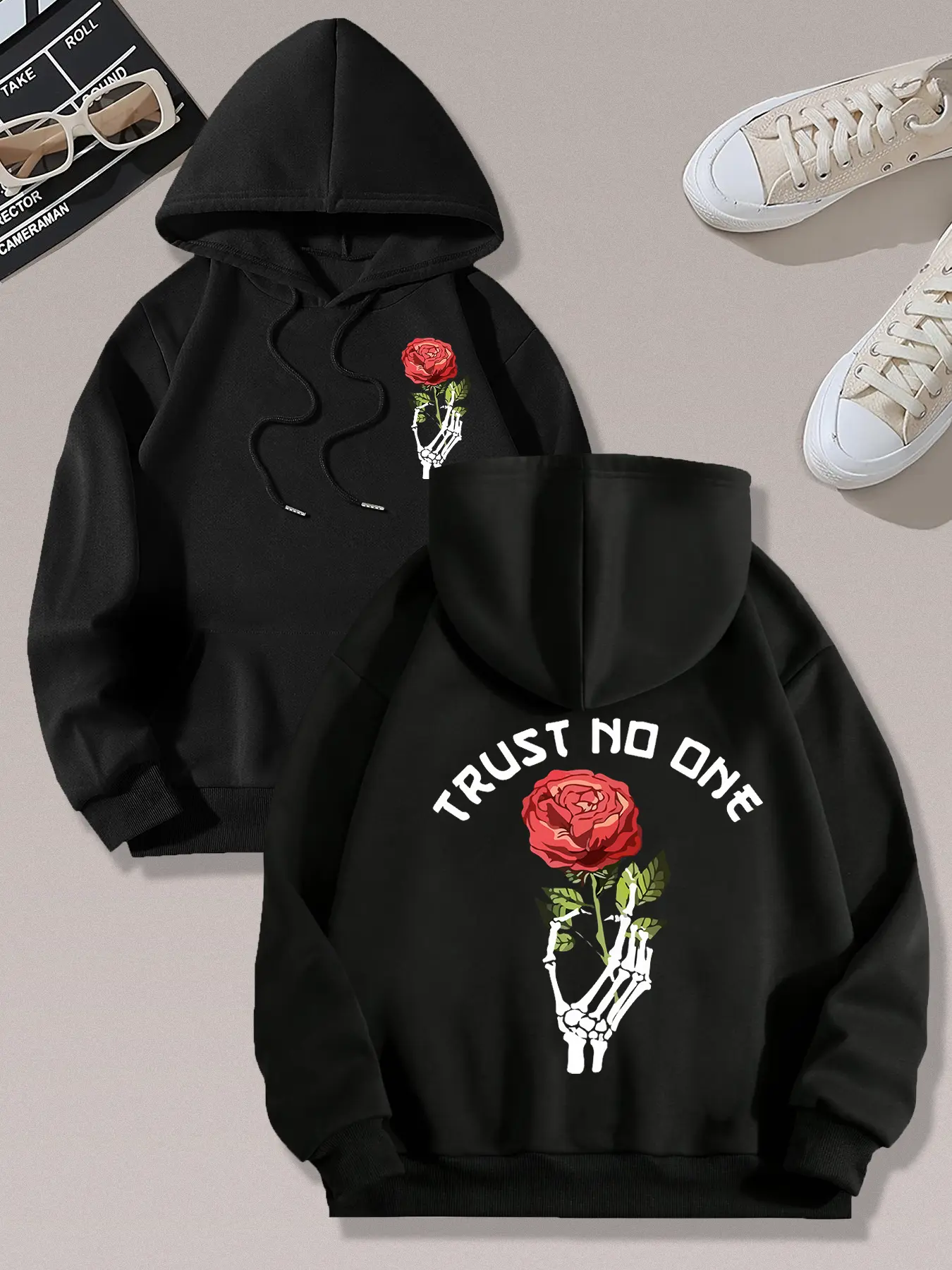 Women's Rose & Skeleton Hand Print Pocket Hoodie, Fashion Casual Hooded Sweatshirt for Daily Holiday Outdoor Wear, Women Clothing for Fall & Winter