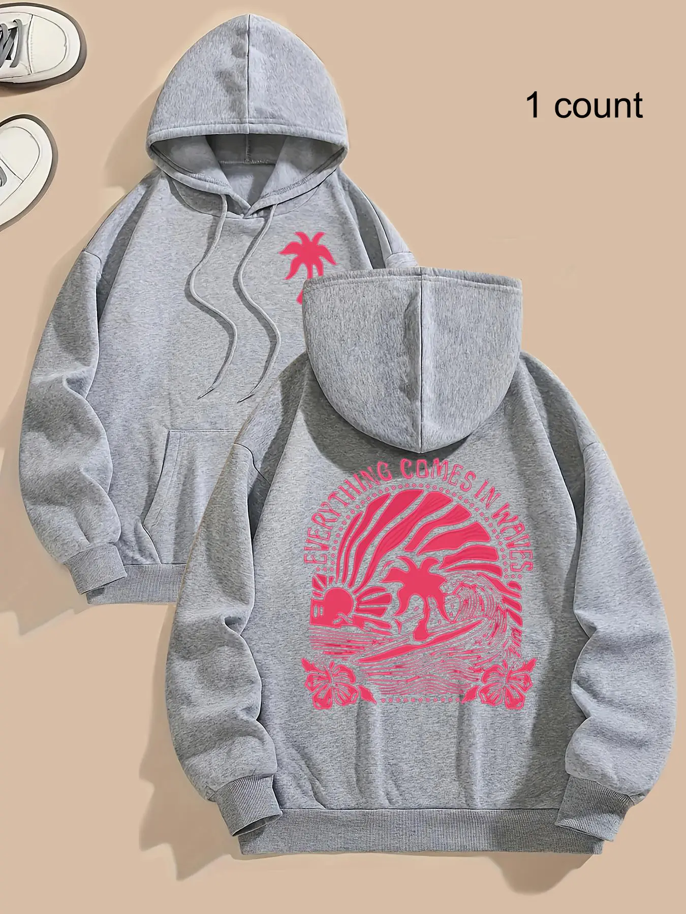 Women's Letter & Palm Tree Print Drawstring Pocket Hoodie, Casual Long Sleeve Hooded Sweatshirt for Fall & Winter, Fashion Ladies' Clothes for Daily Wear